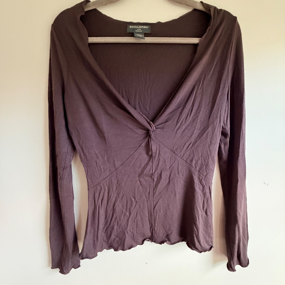 Y2K Banana Republic Twist Front Babydoll Long Sleeve Top Womens XS Brown Ruffle